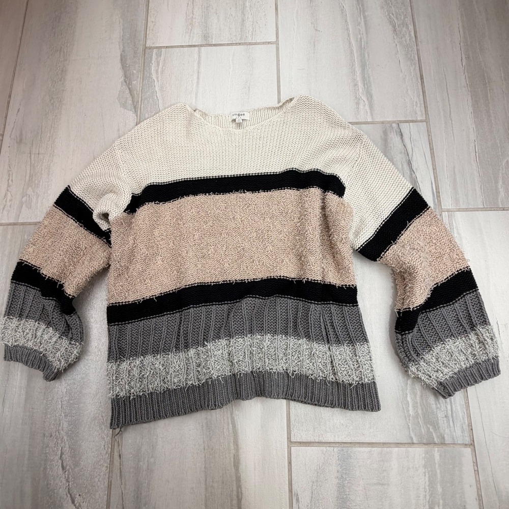 Umgee Cream Tan Grey Colorblock Textured Knit Sweater Small